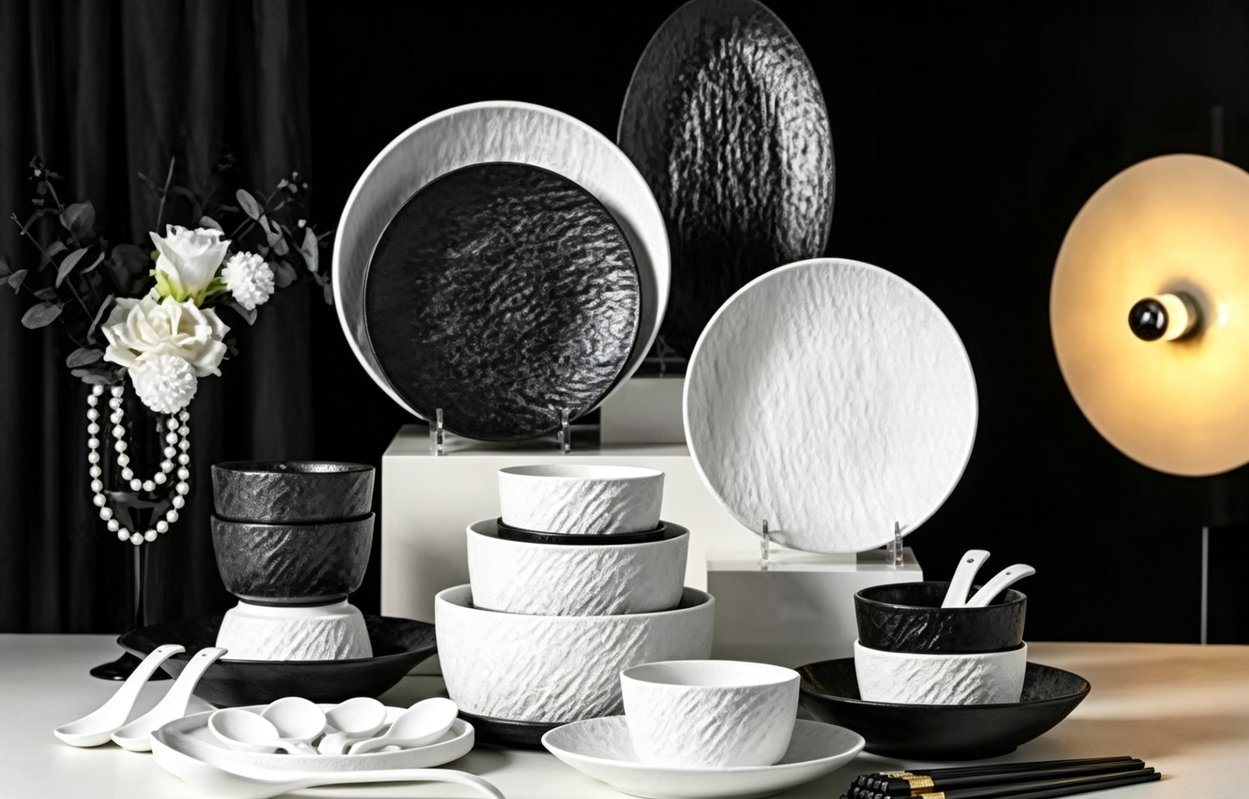 Service de table haut de gamme en porcelaine sous couverte, noir et blanc, 39 pièces, pour huit personnes.