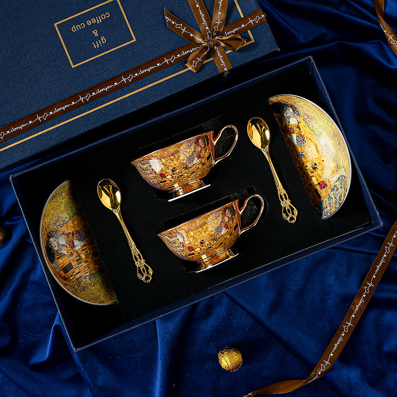 Coffret Luxe de Tasses à Café en Porcelaine Style Royal Européen - Inspiré du Baiser de Klimt