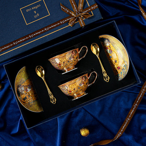 Coffret Luxe de Tasses à Café en Porcelaine Style Royal Européen - Inspiré du Baiser de Klimt