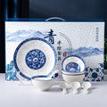 Service de vaisselle en porcelaine bleu et blanc - Motif floral traditionnel, coffret cadeau 5 pièces