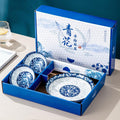 Service de vaisselle en porcelaine bleu et blanc - 3 pièces, motif floral traditionnel, coffret cadeau