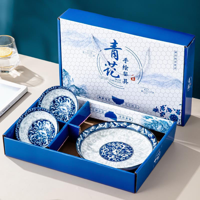 Service de vaisselle en porcelaine bleu et blanc - 3 pièces, motif floral traditionnel, coffret cadeau